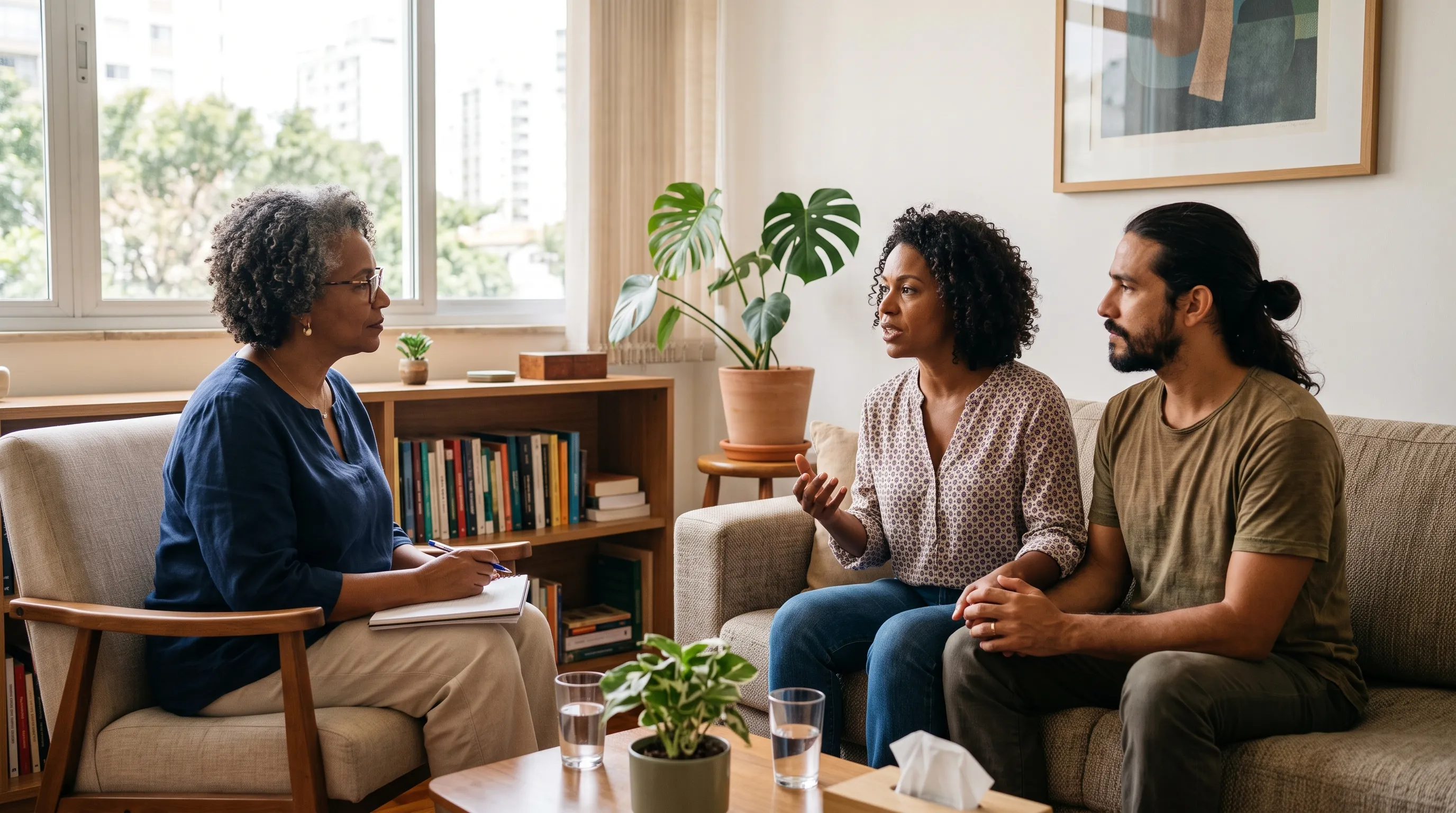 Couple in session with a psychologist in cozy office