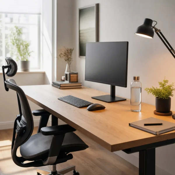 Remote workstation with chair, monitor and proper lighting